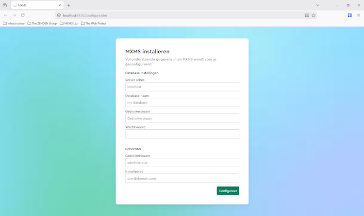 User is presented an installation screen as there is no connectionstring provided in the mxmsSettings.json file