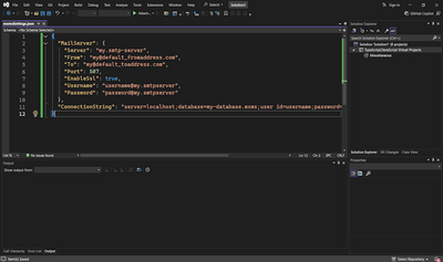 An example mxmsSettings.json file open in Visual Studio